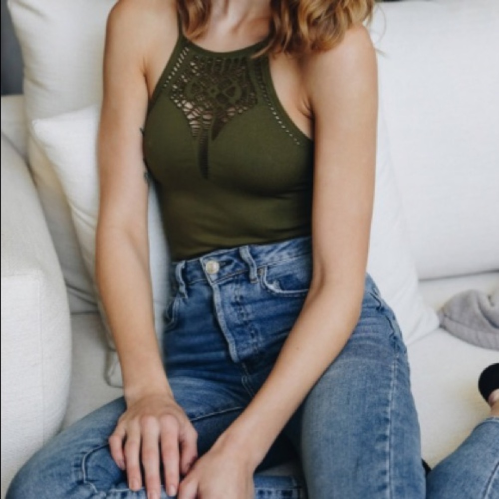 Olive Green Laser Cutout Bodysuit